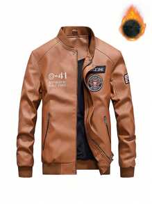 Vintage Varsity Letter Pattern Men's Casual Moto Bomber Jacket - Brown - View 1