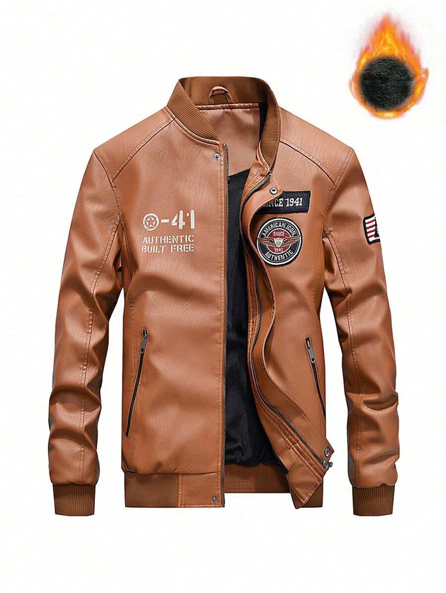 Vintage Varsity Letter Pattern Men's Casual Moto Bomber Jacket - Brown - View 1