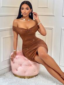 AIJ Amarilo Women's Fashion Solid Color Sexy Twisted Off Shoulder Side Ruched Bodycon Mini Dress Party Dress With Glitter Detail For Christmas Party, Valentines Day Date - Brown - View 1