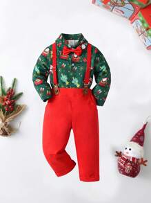 BOARNSEORL 2 件套男婴绅士装，领口长袖衬衫，带蝴蝶结和吊带裤，时尚别致，适合节日、圣诞节、派对 - 紅色 - 查看 2