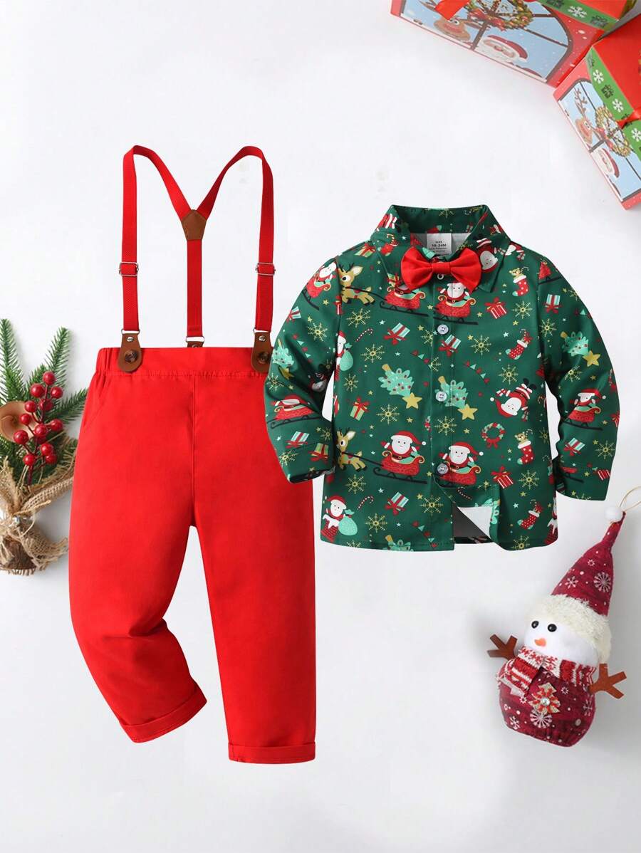 BOARNSEORL 2 件套男婴绅士装，领口长袖衬衫，带蝴蝶结和吊带裤，时尚别致，适合节日、圣诞节、派对 - 紅色 - 查看 1