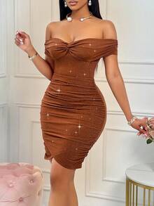AIJ Amarilo Women's Fashion Solid Color Sexy Twisted Off Shoulder Side Ruched Bodycon Mini Dress Party Dress With Glitter Detail For Christmas Party, Valentines Day Date - Brown - View 5