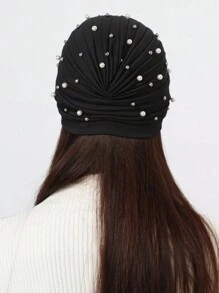 Mũ khăn xếp trang trí giả ngọc trai - màu đen - Xem 2