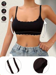 Solid Color Scallop Trim Seamless Yoga Tank Tops Comfy Breathable Wireless Sports Bra Bra Women's Lingerie Underwear - Black - View 1