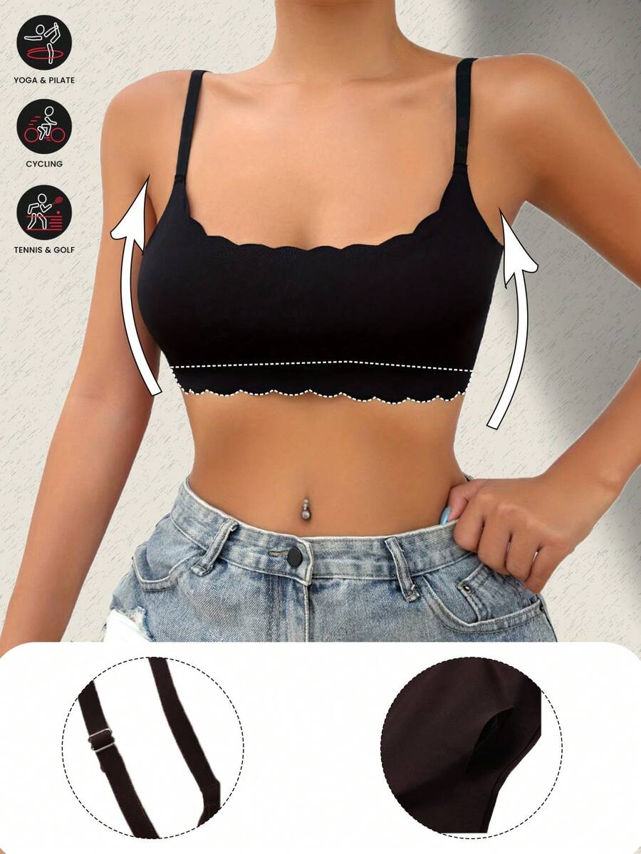 Solid Color Scallop Trim Seamless Yoga Tank Tops Comfy Breathable Wireless Sports Bra Bra Women's Lingerie Underwear - Black - View 1