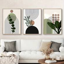 3 bức tranh trừu tượng Boho cây xanh lá bình hoa mặt trời đường kẻ nghệ thuật treo tường vải bố áp phích và tranh in hình ảnh trang trí phòng khách không có khung - Nhiều màu - Xem 2