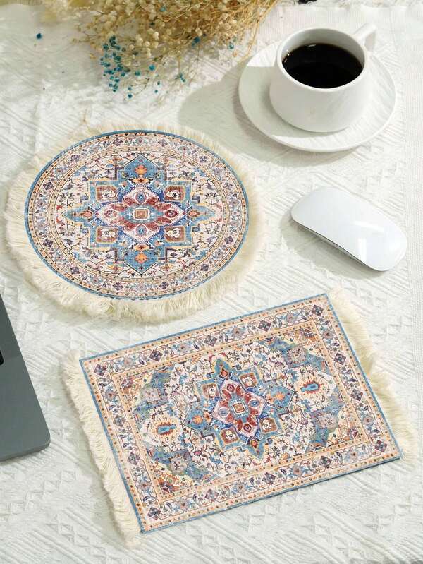 Persian Carpet Design Mouse Pad, Middle Eastern Style Tassel Mouse Pad, Rubber Base Office Wrist Rest, Can Be Used As Placemat, Trivet, Coaster For Water Glass, Coffee Cup