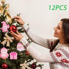 12 件/套粉色系列 12 种不同风格的圣诞树装饰品，包括圣诞老人、汽车、房屋装饰、圣诞元素，用于节日装饰，为您的新年增添甜蜜氛围 - 彩色 - 查看 4