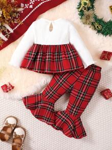 BrownBark 2pcs/Set Baby Girl Plaid Party Bow Decor Long Sleeve 2 In 1 Top & Flare Pants Outfit, Fashionable Casual Wear For Christmas Party, Daily And Gift