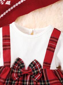 BrownBark 2pcs/Set Baby Girl Plaid Party Bow Decor Long Sleeve 2 In 1 Top & Flare Pants Outfit, Fashionable Casual Wear For Christmas Party, Daily And Gift