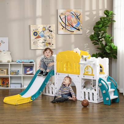 AIYAPLAY Kids Slide, 7 In 1 Toddler Slide For Indoor Use With Basketball Hoop, Climber, Telescope, Tunnel, Steering Wheel, Platform Aisle, Storage Basket, For 1-3 Years Old, Yellow