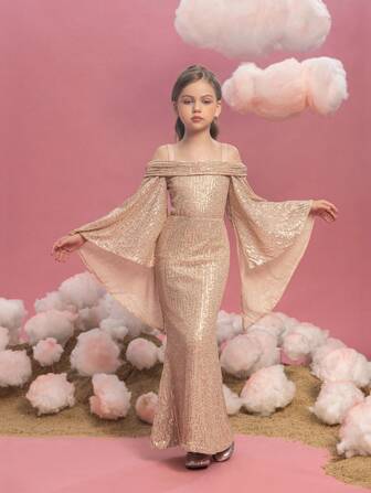 Tween Girl Off Shoulder Glitter Mermaid Hem Formell Klänning