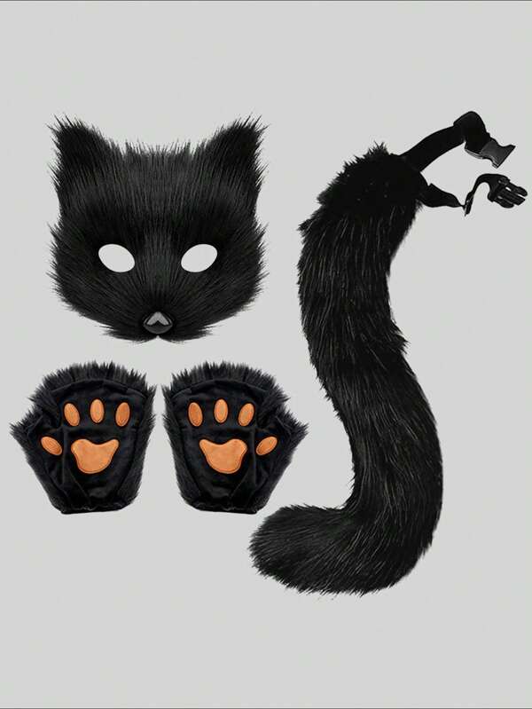 1 Set Neues Halloween Set: Künstliche Fuchsmaske, Handschuhe, Flauschiger Fuchsschwanz, pelziger Tierschwanz Bastel Cosplay Accessoire Abschlussball