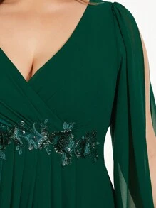Váy phù dâu đính vải thanh lịch cỡ lớn cho nữ, váy dài tay - Màu xanh lá cây đậm - Xem 5