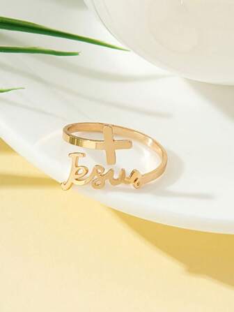 1pc Fashion Cross Jesus Adjustable Open Ring For Men & Women