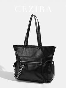 CEZIRA 朋克哥特风格时尚 PU 素食皮革手提包女士单肩包拉链开合链条装饰多口袋大容量手提包酷炫街头学院风通勤购物郊游户外旅行 - 黑色 - 查看 5