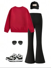 Tween Girl 2 piese Set elegant cu imprimeu alfanumeric casual, la modă, multifuncțional, cu gât rotund, set de cămașă + pantaloni sport cu mâneci lungi, potrivit pentru anotimpurile de primăvară și toamnă, potrivit ca cadou în aer liber pentru fiice