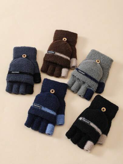 2 件儿童手套，双色针织半指翻盖手套，适合男孩、女孩学生的保暖冬装