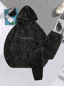 Men's Fashionable Casual Versatile Furry Embroidered Graphic Sweatsuit, Fall Clothes Winter