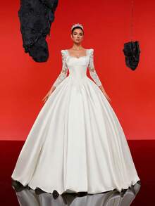 Heavy Satin And Lace Splice Long Sleeve Elegant Dress With Maxi Skirt, For Bride Wedding Ceremony Outdoor Or Garden Wedding Photography, Silhouette Effect Not Including Petticoat, Bridal Dress - Beige - View 7