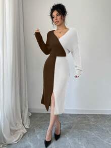 Robe pull mode printemps Joy - Robe pull tricotée à manches chauve-souris, col V profond, bloc de couleurs, manches longues - Marron - Voir 5