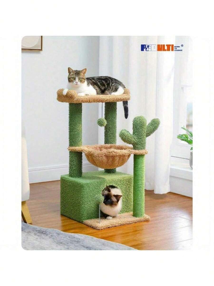 4In1 Cactus Cat Tree, 33'' Cat Tower For Indoor Cats With Large Cat
