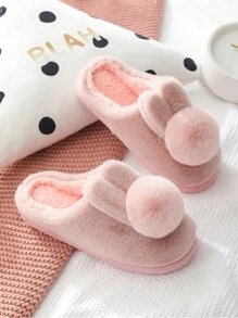A Pair Of Cute Fur Ball Rabbit Ears Anti Slip Warm Slippers - Pink - View 2