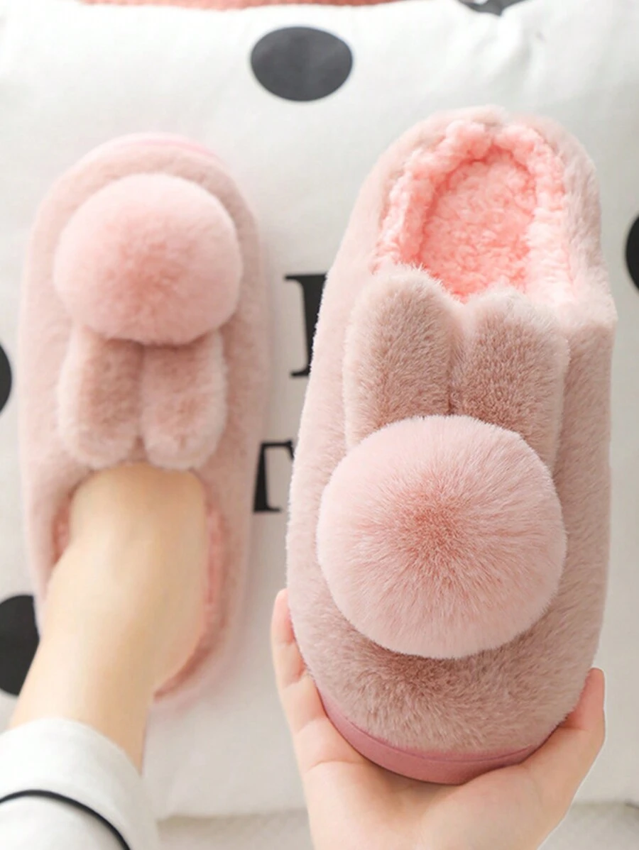 A Pair Of Cute Fur Ball Rabbit Ears Anti Slip Warm Slippers - Pink - View 1