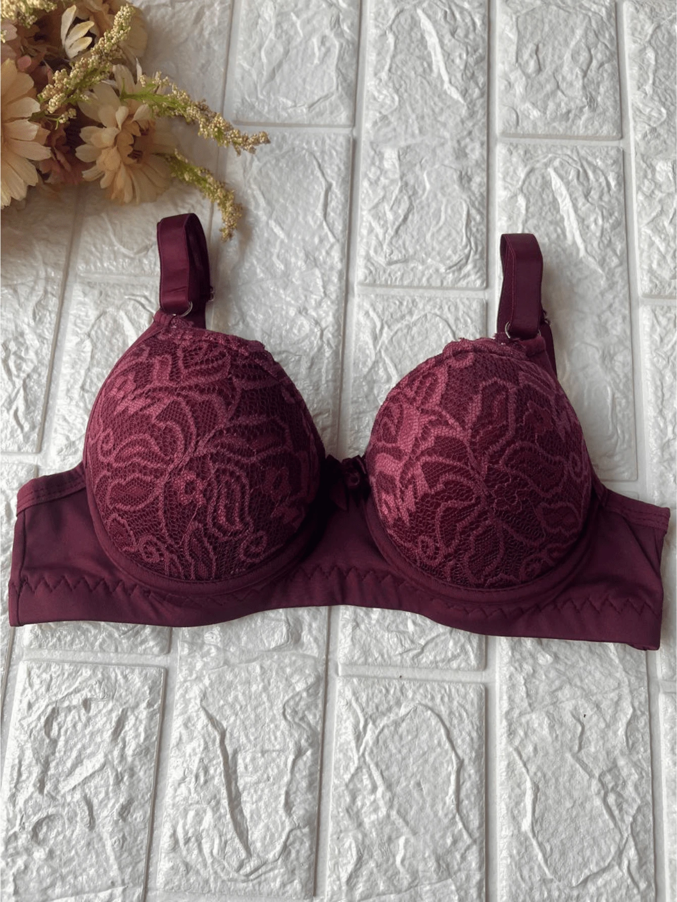 Bra With Reinforced Lace Details And Adjustable Straps Premium Polyamide - Màu Đỏ Sâu - Xem 1