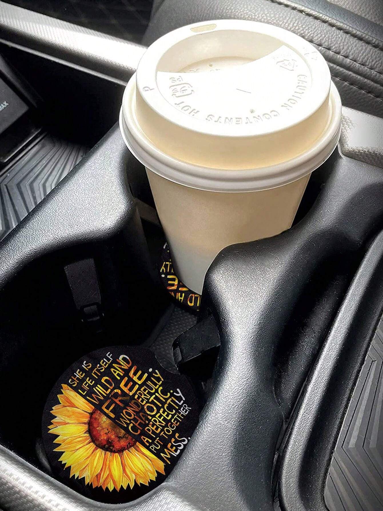 2pcs/Set Car Cup Holders, 1pc With Sunflower Pattern Print, 1pc With