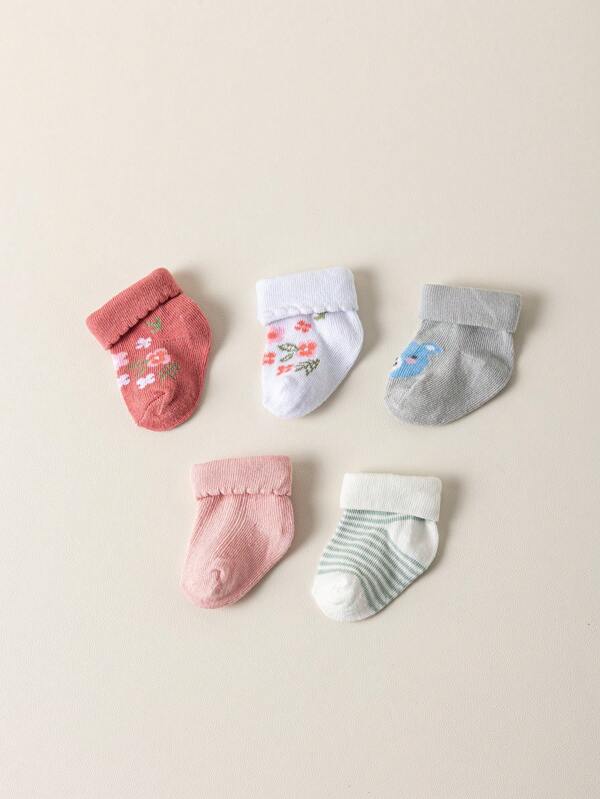 5pairs/Pack Children's Floor Socks For Autumn And Winter, Suitable For Boys And Girls, Infants And Toddlers, With Fold-Over Cuffs