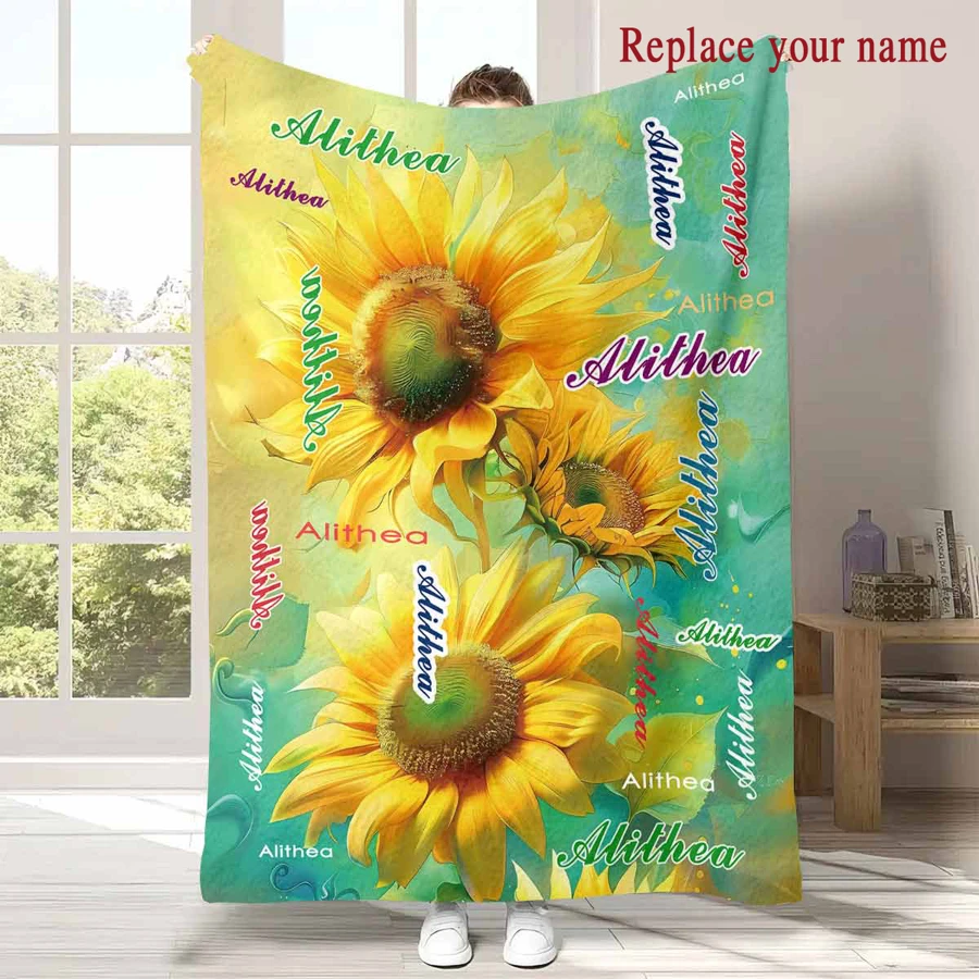 定制向日葵毛毯，现代涤纶长方形，柔软温暖，适合客厅、沙发、床、户外旅行，是圣诞节、万圣节、生日、节日的完美个性化礼物 - 預設 - 查看 1