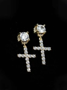 1 paire de boucles d'oreilles à clous argentés de style mode punk avec croix, bijoux avec strass blancs pour hommes et couples, accessoires d'oreilles Hip Hop - boucle d'oreille - Voir 7