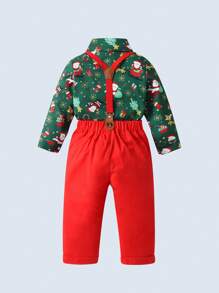 BOARNSEORL 2 件套男婴绅士装，领口长袖衬衫，带蝴蝶结和吊带裤，时尚别致，适合节日、圣诞节、派对 - 紅色 - 查看 9