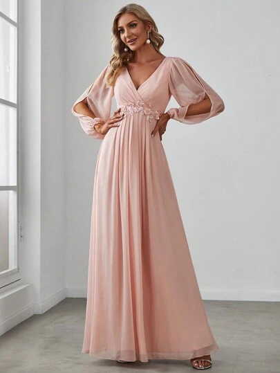 EVERPRETTY Women's Elegant Spring V Neck Lantern Sleeve Applique Maxi Pink Bridesmaid Dresses Formal Dress For Wedding