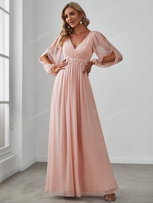 EVER-PRETTY Women's Elegant Spring V Neck Lantern Sleeve Applique Maxi Pink Bridesmaid Dresses Formal Dress For Wedding