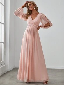 EVERPRETTY Váy phù dâu Maxi màu hồng cổ chữ V tay đèn lồng thanh lịch cho mùa xuân dành cho nữ Váy trang trọng cho đám cưới - Màu Hồng baby - Xem 4
