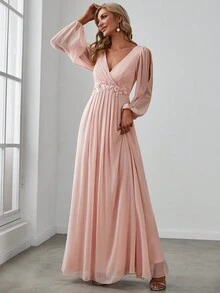 EVERPRETTY Váy phù dâu Maxi màu hồng cổ chữ V tay đèn lồng thanh lịch cho mùa xuân dành cho nữ Váy trang trọng cho đám cưới - Màu Hồng baby - Xem 3