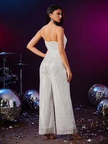 Double Crazy 夏季女士时尚深 V 领无袖阔腿连体裤，适合音乐会和派对 - 白色 - 查看 3