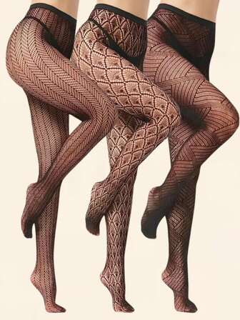 3 pares de leggings negros de mujer de malla - Malla de cintura alta hueca, medias de malla elásticas, pantalones de malla con diseño geométrico, pantis transparentes y huecos, medias sexy negras. Mallas y leggings para mujer aptos para todas las estaciones, geniales para regalos de San Valentín, Halloween, Navidad