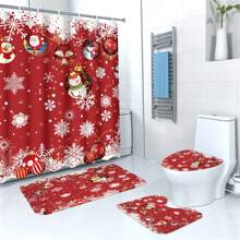 4pcs Christmas Decoration Ball, Snowflake & Red Print Shower Curtain Set, Waterproof Bathroom Divider Curtain, Non-Slip Floor Mat Carpet, Toilet U-Shaped Mat, Toilet Lid Cover, Holiday Home Bathroom Accessories Curtain Set Home Bathroom Decor Summer