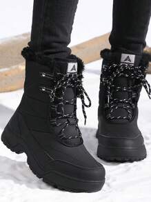 Botas de nieve de moda de invierno para mujer, botas para senderismo de media pantorrilla con cordones para exteriores, antideslizantes, con forro térmico, zapatos para caminar, color negro