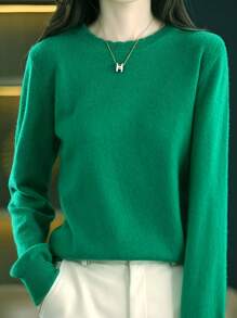 Women's Elegant Solid Color Ruffled Crew Neck Knitwear, Spring & Fall Fashion Casual Versatile Long Sleeve Pullover Base Layer Top, Ideal For Daily Wear, Home & Office - 綠色 - 查看 3