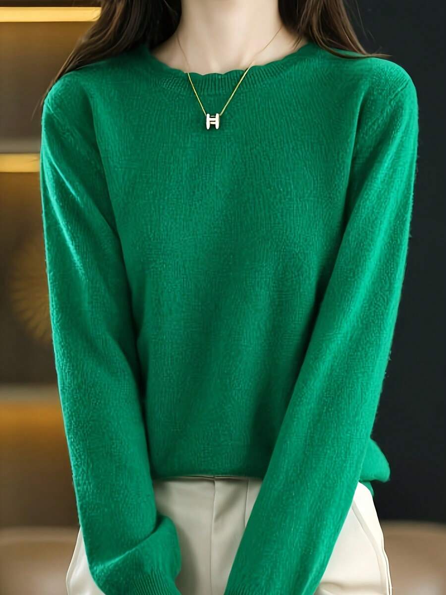 Women's Elegant Solid Color Ruffled Crew Neck Knitwear, Spring & Fall Fashion Casual Versatile Long Sleeve Pullover Base Layer Top, Ideal For Daily Wear, Home & Office - 綠色 - 查看 1