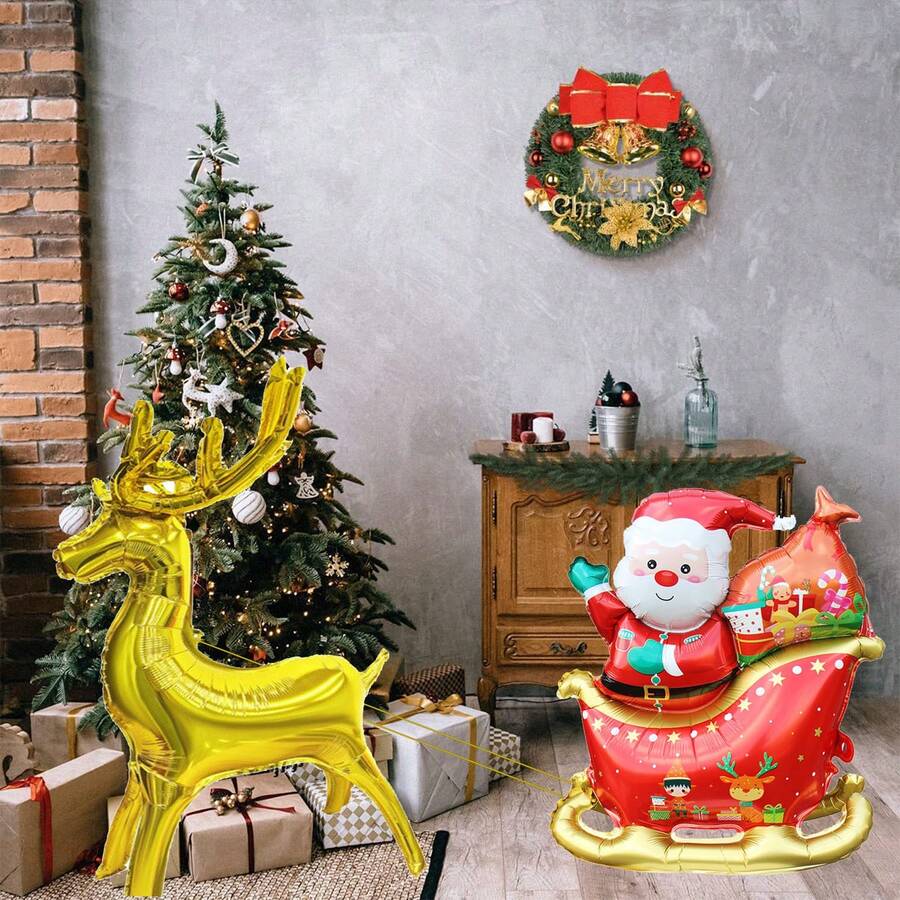 全新 4D 金色站立驯鹿和雪橇圣诞老人铝箔气球套装，圣诞节和新年派对装饰铝箔气球 - 彩色 - 查看 1