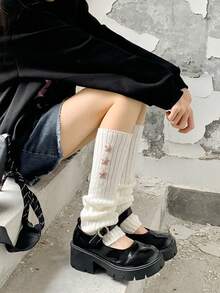 1 双女士时尚保暖针织腿套带星星装饰，Y2K 白色/黑色宽松袜子腿套，欧美潮流朋克风格，适合日常、约会、居家和外出使用 - XN266# - 查看 5