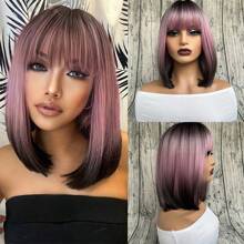 Pink Brown Ombre Black Short Straight Synthetic Wigs With Bangs Bob Wig For Women Daily Cosplay Party Heat Resistant Hair Wigs For Daily Use Cosplay, Party, Beginner Friendly 2024 Halloween Vacation Spring Summer Autumn All-Match Women's Wig - 彩色 - 查看 2