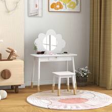 AIYAPLAY Kids Dressing Table With Mirror And Stool, Kids Vanity Table With Cloud Design, Drawer, For Ages 3-6 Year, White - White - View 6