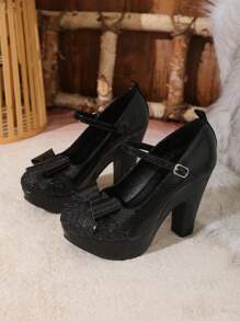 New Waterproof Platform Bowknot Round Toe Black High Heel Shoes With Rhinestone Strap, Thick Heeled Pumps For Women Valentines