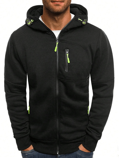 Men's Zip-Up Hooded Sweatshirt, Long Sleeve Fitted Casual Sports Jacket, For Fall